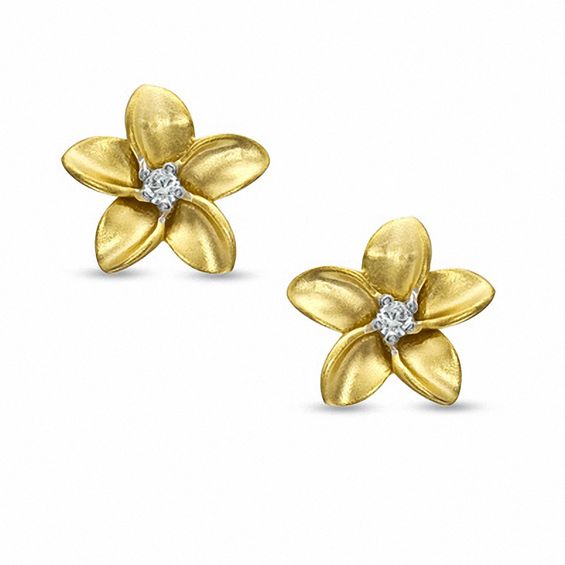 Diamond Accent Solitaire Flower Stud Earrings in Sterling Silver and 14K Gold Plate