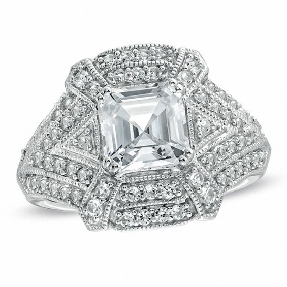 7.0mm Asscher-Cut Lab-Created White Sapphire Vintage-Style Ring in Sterling Silver