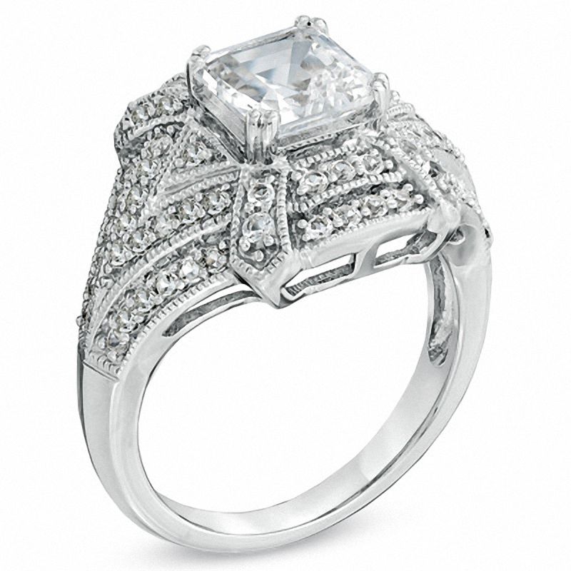 Main Image 2 of 7.0mm Asscher-Cut Lab-Created White Sapphire Vintage-Style Ring in Sterling Silver