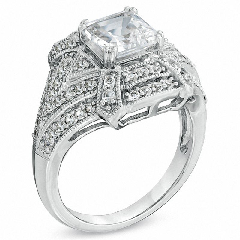 7.0mm Asscher-Cut Lab-Created White Sapphire Vintage-Style Ring in Sterling Silver