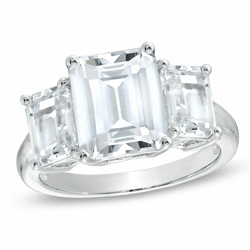 Main Image 1 of Emerald-Cut Lab-Created White Sapphire Three Stone Ring in Sterling Silver