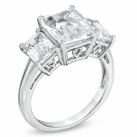 Emerald-Cut Lab-Created White Sapphire Three Stone Ring in Sterling Silver