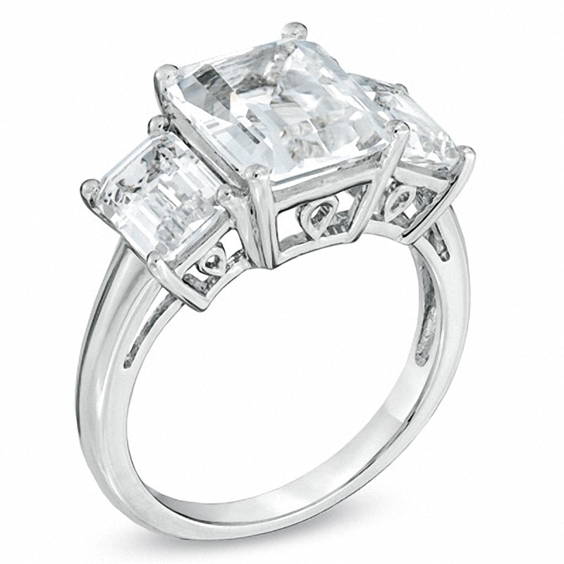 Main Image 2 of Emerald-Cut Lab-Created White Sapphire Three Stone Ring in Sterling Silver