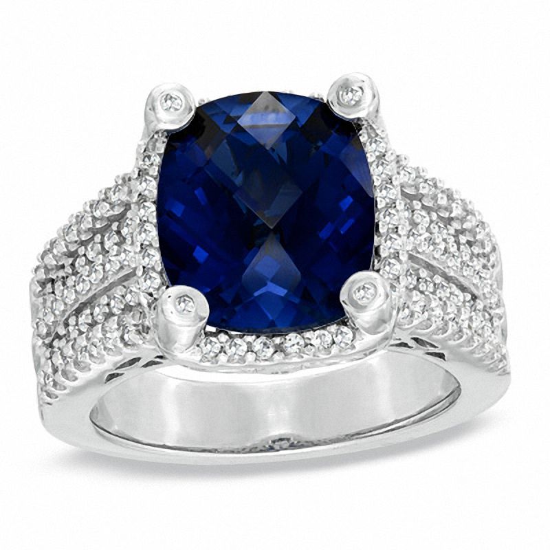 Main Image 1 of Cushion-Cut Lab-Created Ceylon and White Sapphire Ring in Sterling Silver