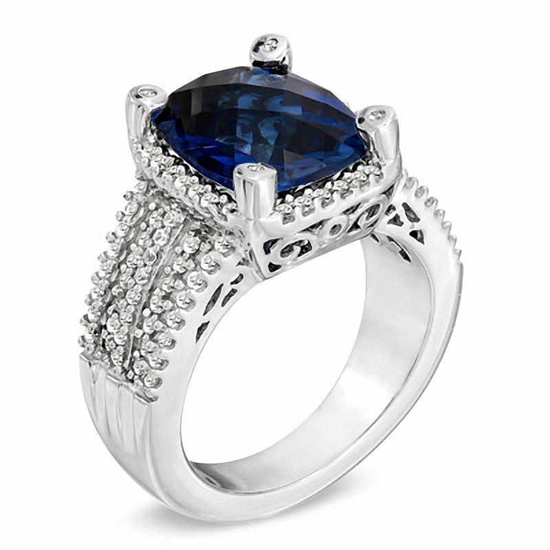 Main Image 2 of Cushion-Cut Lab-Created Ceylon and White Sapphire Ring in Sterling Silver