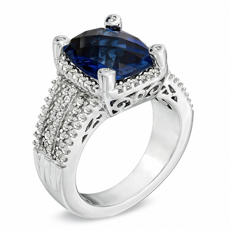 Cushion-Cut Lab-Created Ceylon and White Sapphire Ring in Sterling Silver