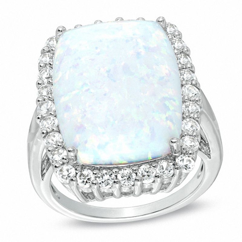 Main Image 1 of Cushion-Cut Lab-Created Opal and White Sapphire Frame Ring in Sterling Silver