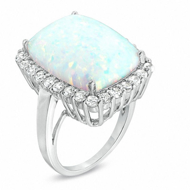 Main Image 2 of Cushion-Cut Lab-Created Opal and White Sapphire Frame Ring in Sterling Silver