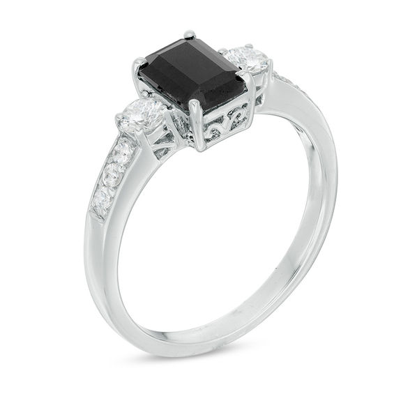 Emerald-Cut Black and White Sapphire Three Stone Ring in Sterling Silver