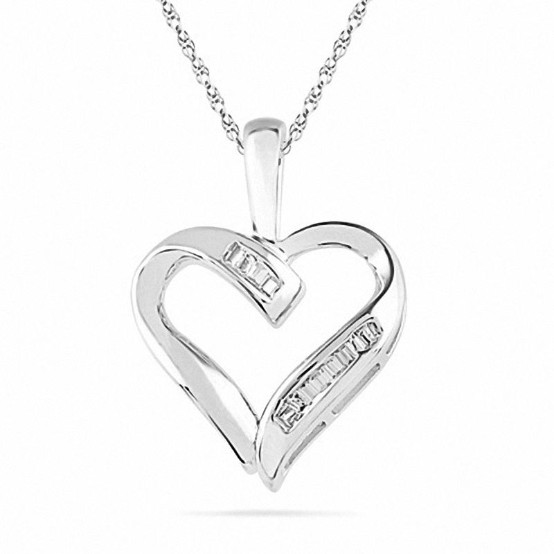 Main Image 1 of 1/20 CT. T.W. Baguette Diamond Heart Pendant in 10K White Gold