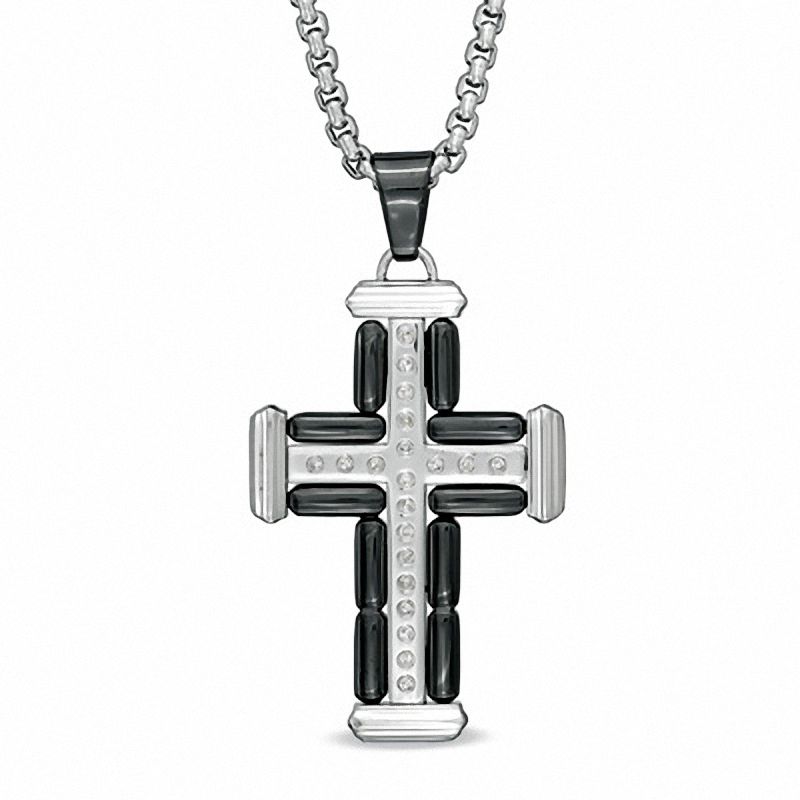 Main Image 1 of Men's 1/5 CT. T.W. Diamond Cross Pendant in Two-Tone Stainless Steel - 24"