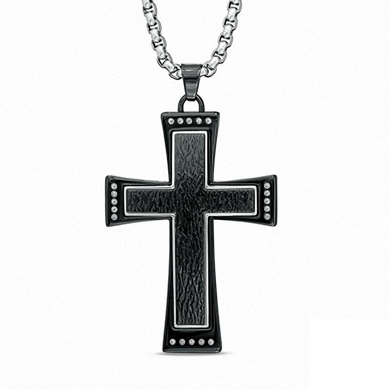 Main Image 1 of Men's 1/4 CT. T.W. Diamond Cross Pendant in Two-Tone Stainless Steel - 36"