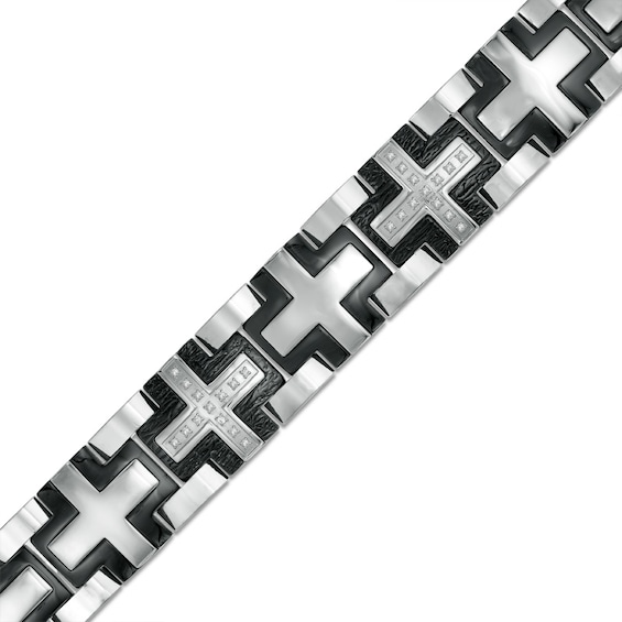 Men's 1/5 CT. T.w. Diamond Cross Bracelet in Tri-Tone Stainless Steel - 8.25"