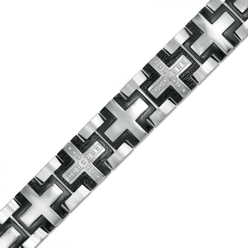 Main Image 1 of Men's 1/5 CT. T.W. Diamond Cross Bracelet in Tri-Tone Stainless Steel - 8.25"