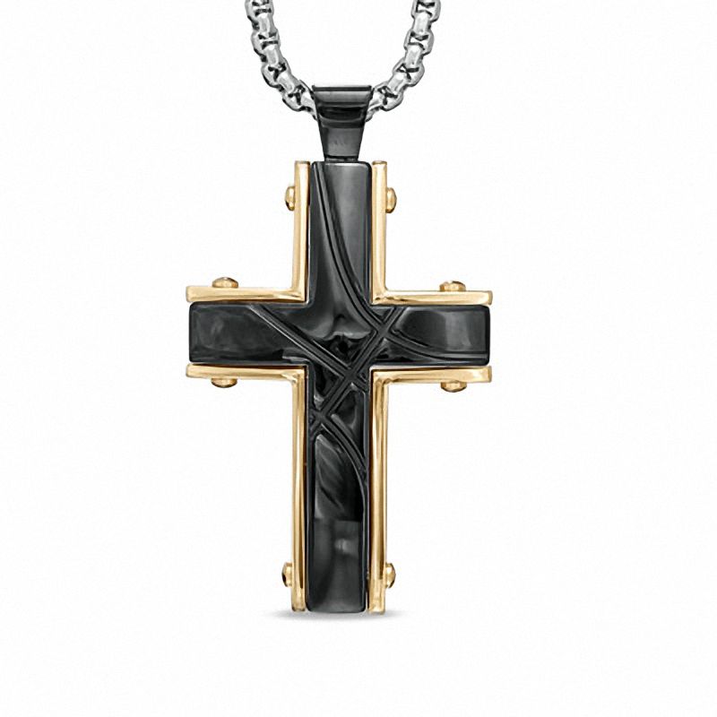 Main Image 1 of Men's Large Grooved Cross Pendant in Two-Tone Stainless Steel - 30"
