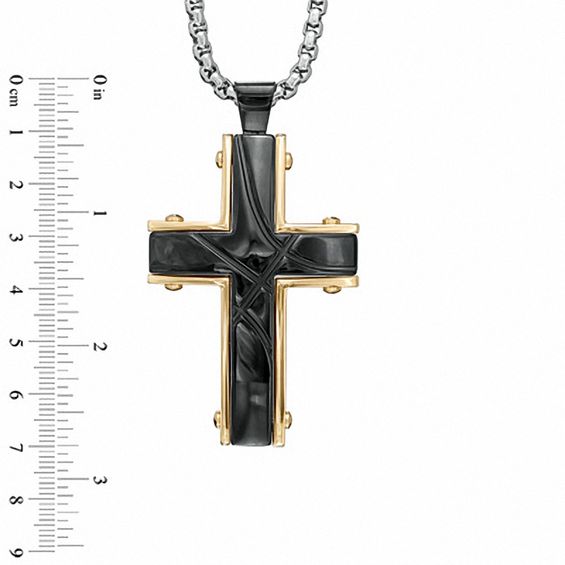 Men's Large Grooved Cross Pendant in Two-Tone Stainless Steel - 30"