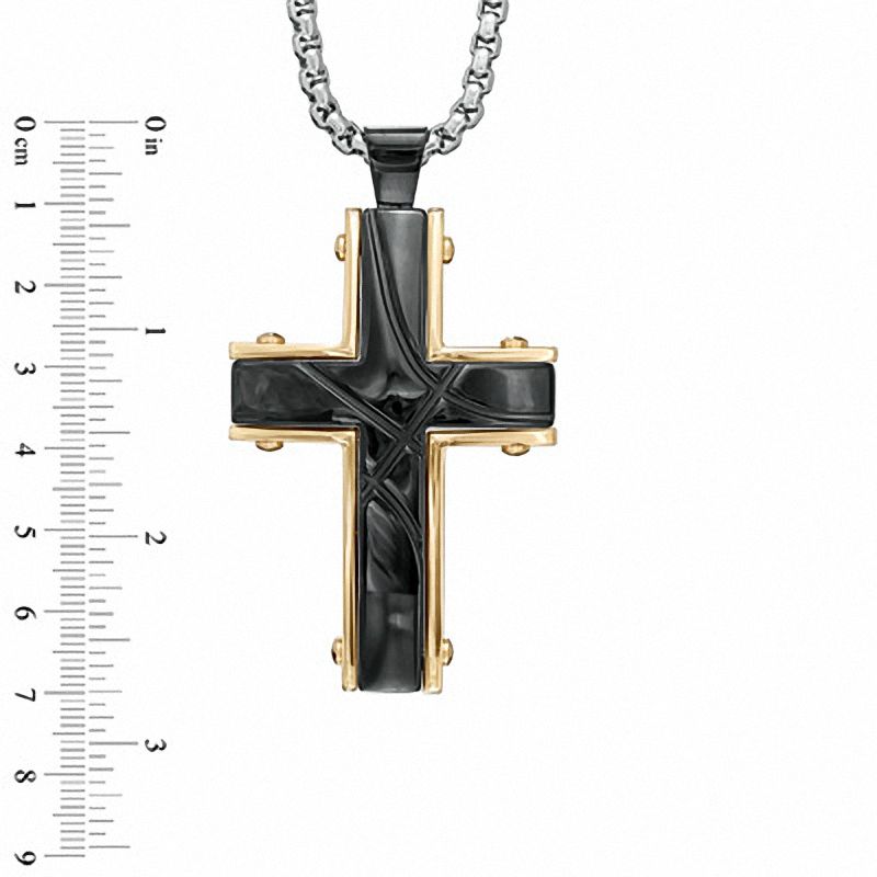 Main Image 2 of Men's Large Grooved Cross Pendant in Two-Tone Stainless Steel - 30"