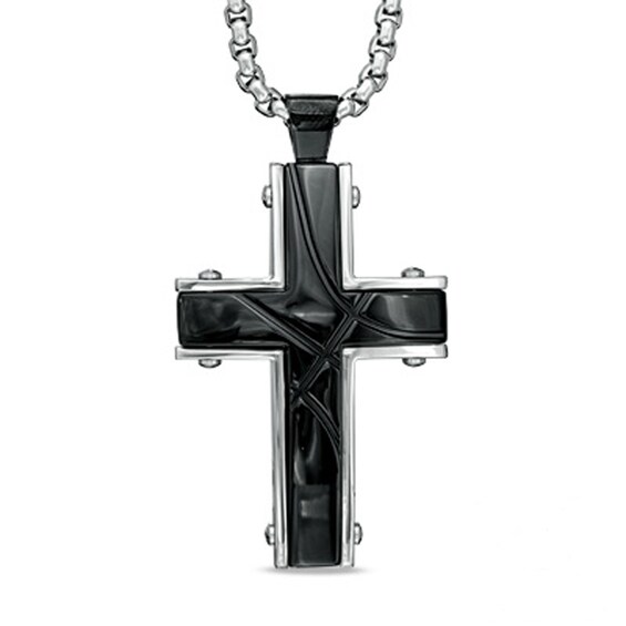 Men's Grooved Cross Pendant in Two-Tone Stainless Steel