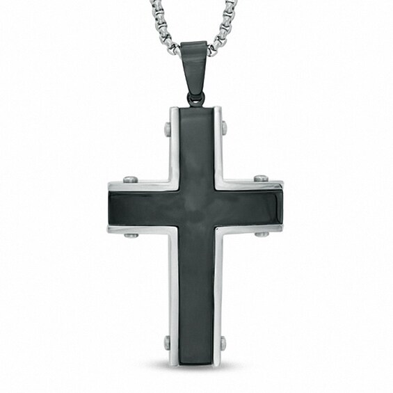 Men's Grooved Cross Pendant in Two-Tone Stainless Steel - 36"