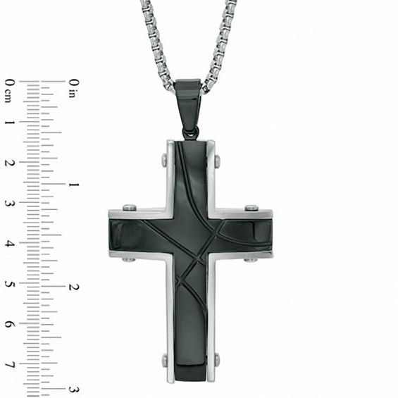 Men's Grooved Cross Pendant in Two-Tone Stainless Steel - 36"