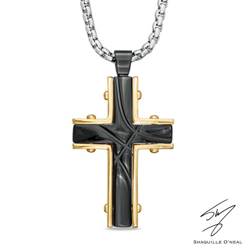 Main Image 1 of Men's Grooved Cross Pendant in Two-Tone Stainless Steel - 24"