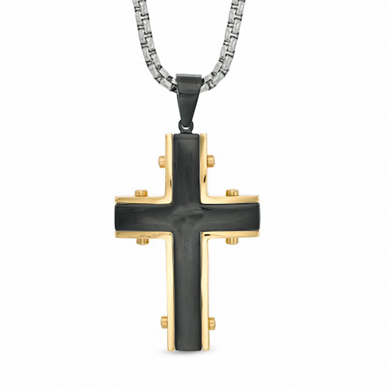Main Image 2 of Men's Grooved Cross Pendant in Two-Tone Stainless Steel - 24"