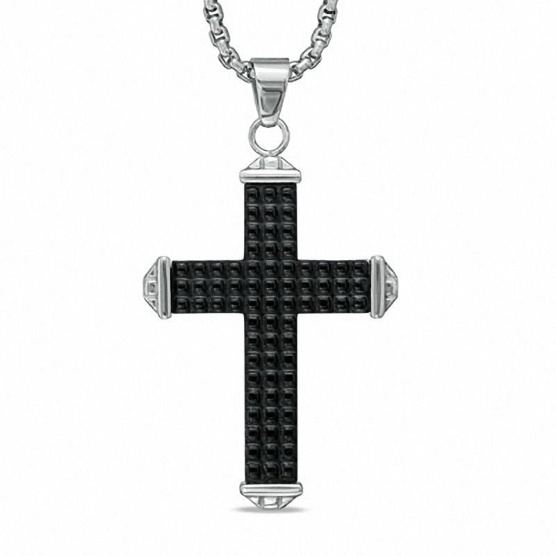 Main Image 1 of Men's Tread Cross Pendant in Two-Tone Stainless Steel - 24"