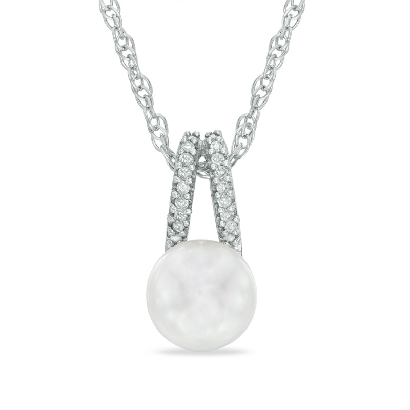 Main Image 1 of Honora 7.5-8.0mm Freshwater Cultured Pearl and Diamond Accent Pendant in Sterling Silver
