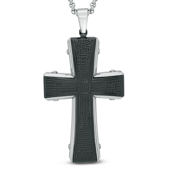 Men's Textured Cross Pendant in Two-Tone Stainless Steel - 36"