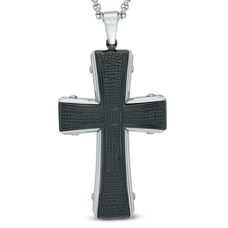Main Image 1 of Men's Textured Cross Pendant in Two-Tone Stainless Steel - 36"