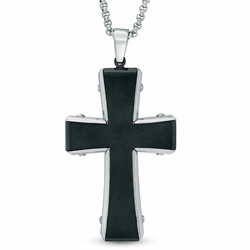 Main Image 2 of Men's Textured Cross Pendant in Two-Tone Stainless Steel - 36"
