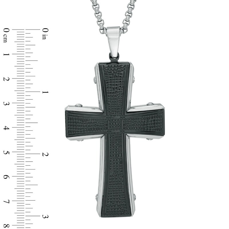 Main Image 3 of Men's Textured Cross Pendant in Two-Tone Stainless Steel - 36"