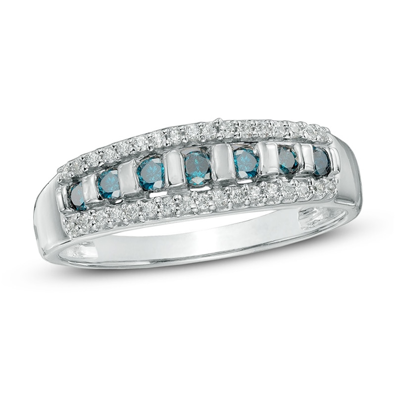 1/3 CT. T.W. Enhanced Blue and White Diamond Anniversary Band in 10K White Gold