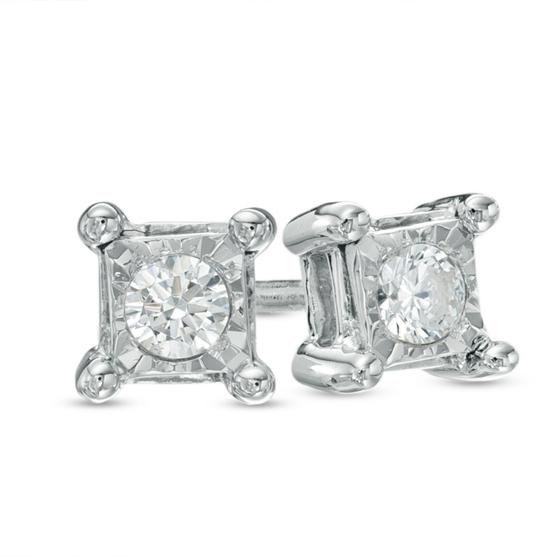 Main Image 1 of 1/15 CT. T.W. Diamond Solitaire Square Stud Earrings in Sterling Silver