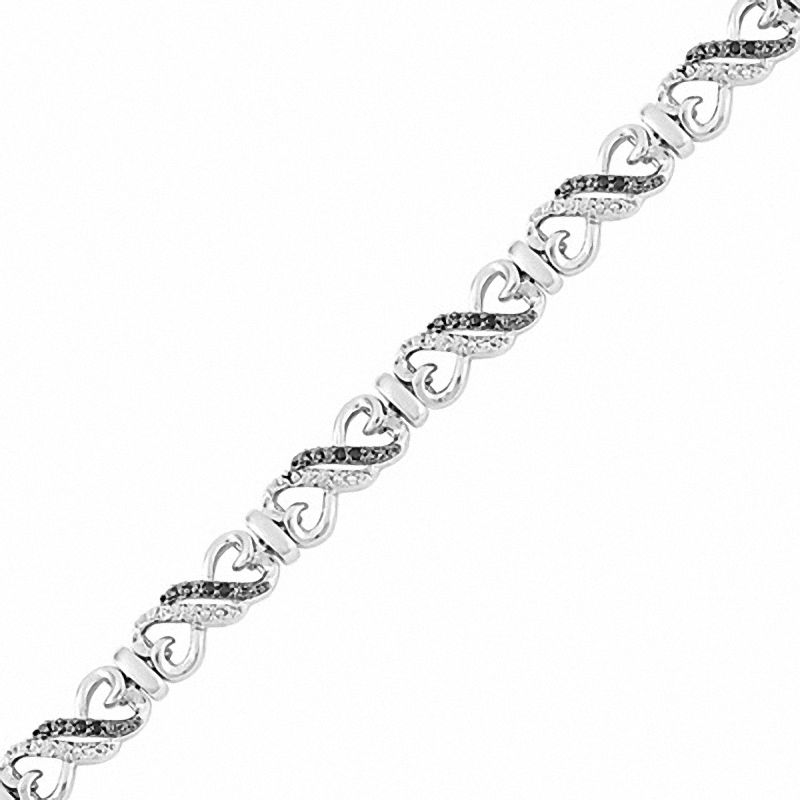 Main Image 1 of 1/4 CT. T.W. Enhanced Black and White Diamond Alternating Hearts Bracelet in Sterling Silver