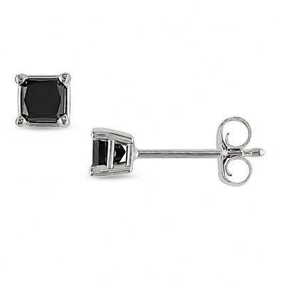1.00 Ct Princess Created Black Diamond Solitaire Earrings 14K Solid White Gold