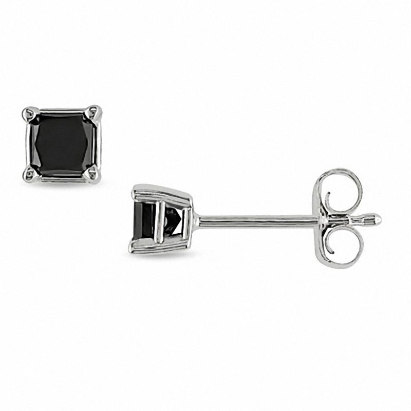 Main Image 1 of 1/3 CT. T.W. Enhanced Black Princess-Cut Diamond Solitaire Stud Earrings in 10K White Gold