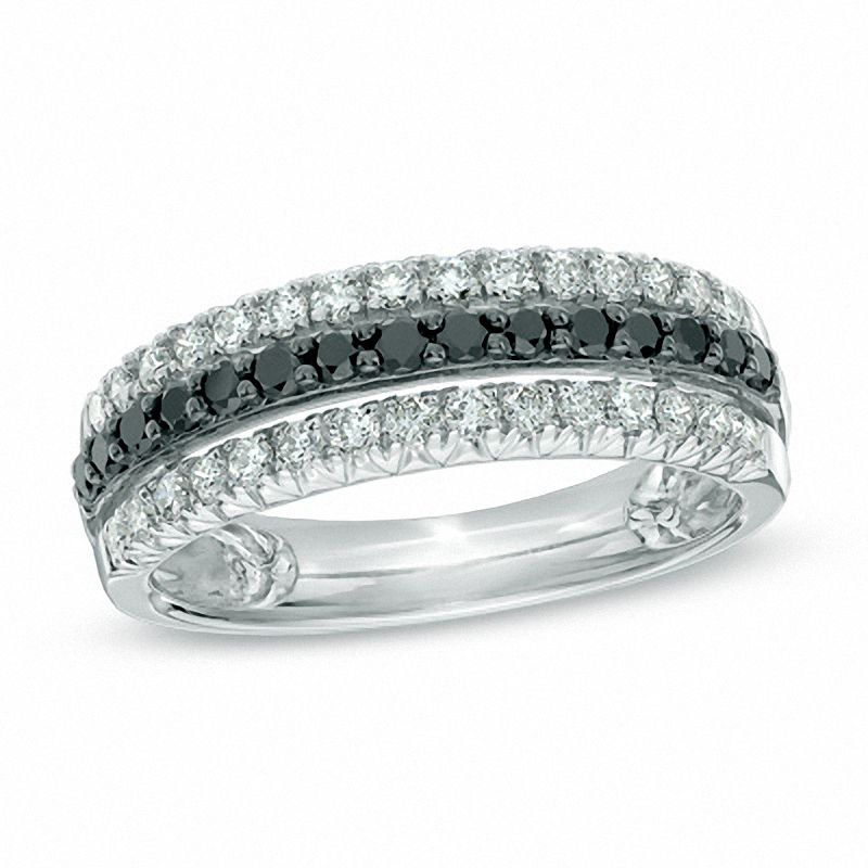 3/4 CT. T.W. Enhanced Black and White Diamond Triple Row Band in 10K White Gold