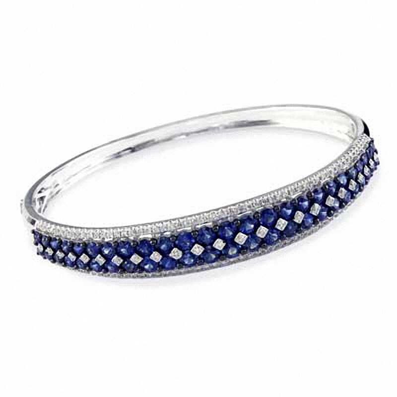 Main Image 1 of EFFY™ Collection Blue Sapphire and 7/8 CT. T.W. Diamond Bangle in 14K White Gold