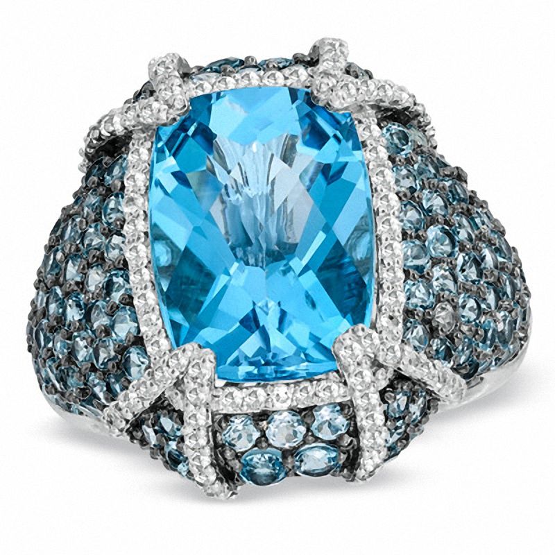 Cushion-Cut Blue and White Topaz Ring in Sterling Silver