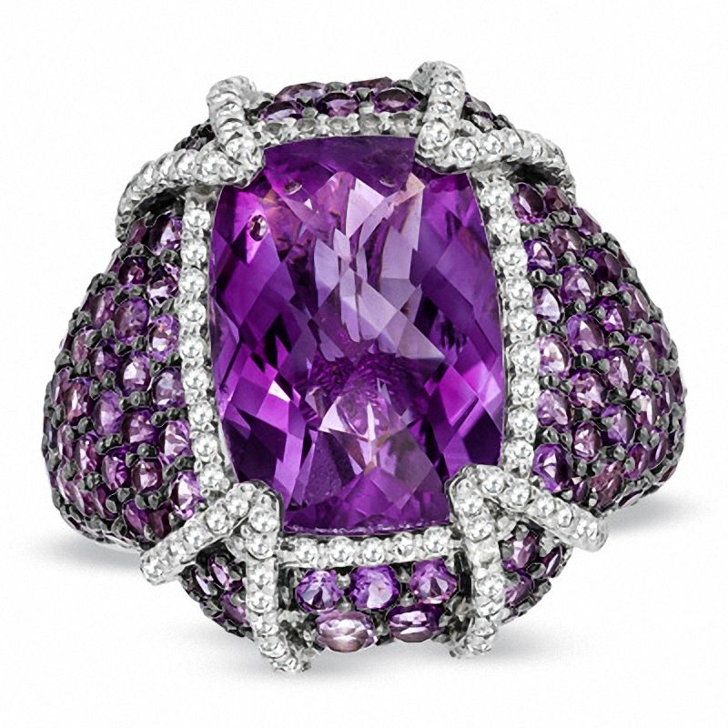 Main Image 1 of Cushion-Cut Amethyst and White Topaz Ring in Sterling Silver
