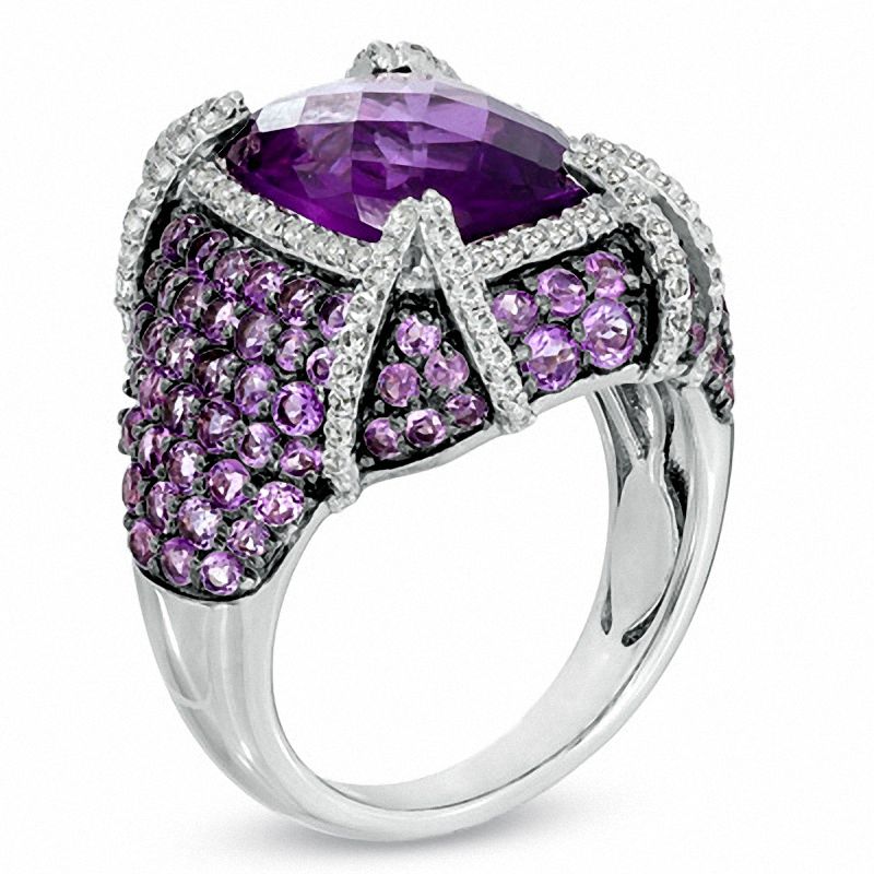 Main Image 2 of Cushion-Cut Amethyst and White Topaz Ring in Sterling Silver