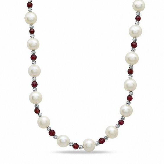8.0 - 9.0mm Cultured Freshwater Pearl, Garnet and Brilliance Bead Necklace in Sterling Silver 8.0 - 9.0mm Cultured Freshwater Pearl, Garnet and Brilliance Bead Necklace in Sterling Silver