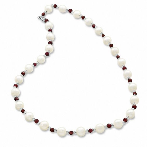 8.0 - 9.0mm Cultured Freshwater Pearl, Garnet and Brilliance Bead Necklace in Sterling Silver 8.0 - 9.0mm Cultured Freshwater Pearl, Garnet and Brilliance Bead Necklace in Sterling Silver