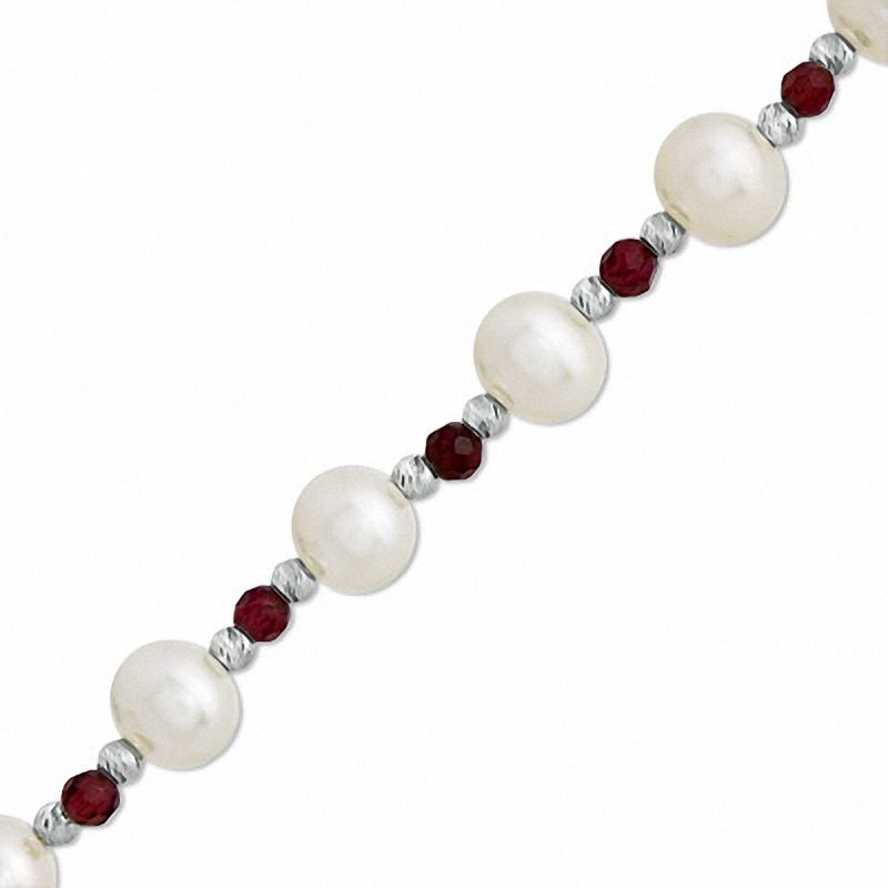 8.0-9.0mm Freshwater Cultured Pearl, Garnet and Brilliance Bead Bracelet in Sterling Silver-7.5"