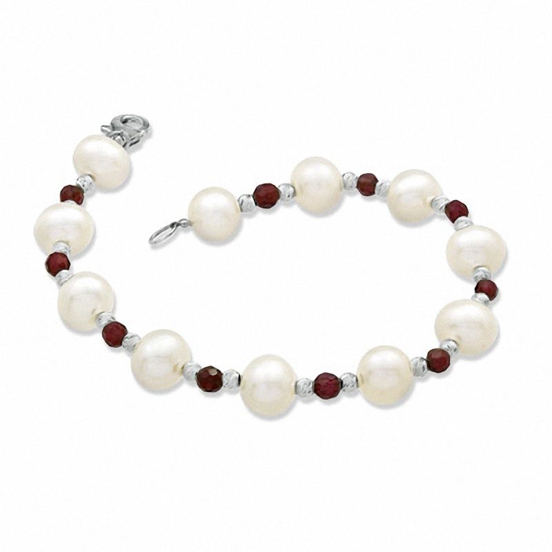 8.0-9.0mm Freshwater Cultured Pearl, Garnet and Brilliance Bead Bracelet in Sterling Silver-7.5"