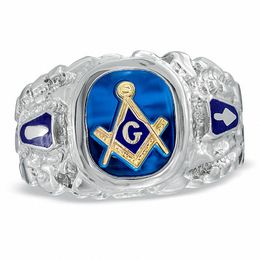Lab-Created Blue Sapphire and Enamel Comfort Fit Masonic Ring in Sterling Silver