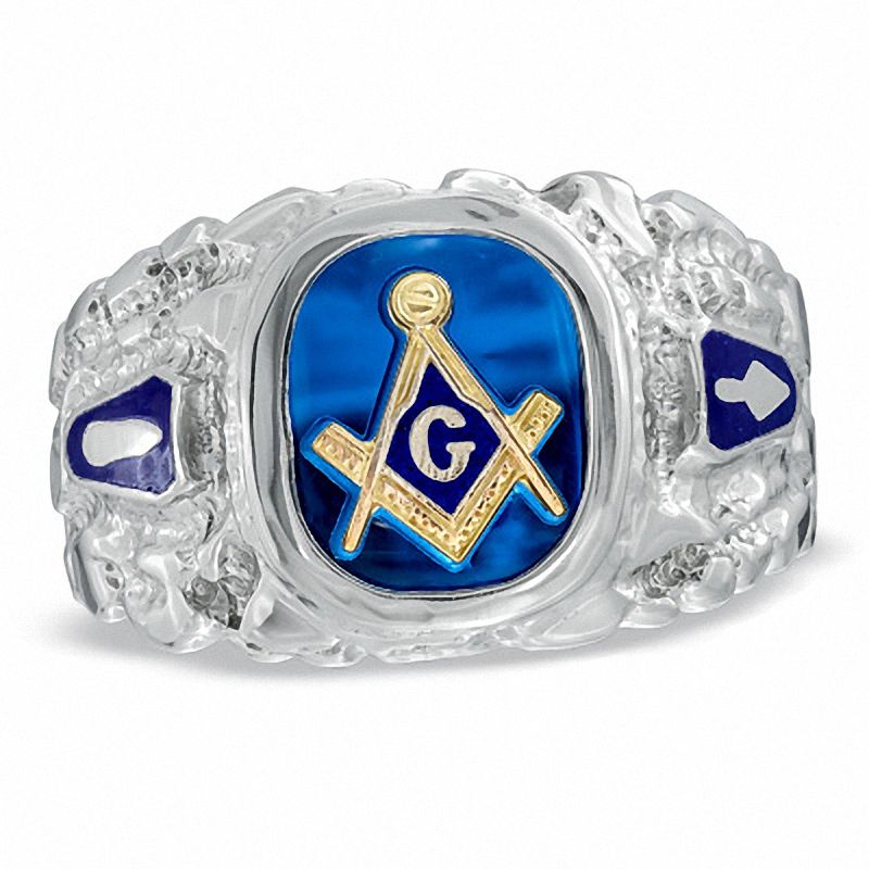Main Image 1 of Men's Lab-Created Blue Sapphire and Enamel Comfort Fit Masonic Ring in Sterling Silver