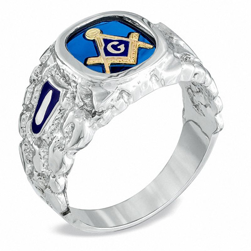 Main Image 2 of Men's Lab-Created Blue Sapphire and Enamel Comfort Fit Masonic Ring in Sterling Silver