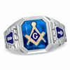 Thumbnail Image 0 of Men's Lab-Created Blue Sapphire and Enamel Comfort Fit Masonic Ring in Sterling Silver